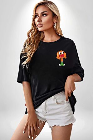Darwin Watterson Ben Gumball Siyah Oversize Kadın Erkek Ön ve Sırt Baskılı Tişört