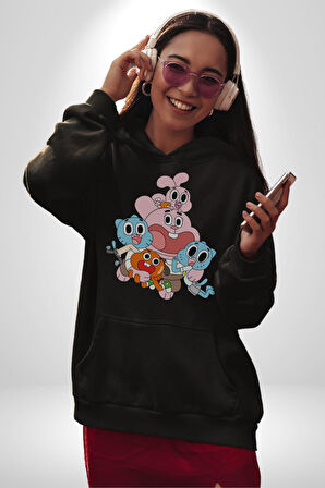 Gumbal Watteron Ailesi Kadın Erkek  Siyah Kapüşonlu Sweatshirt Hoodie