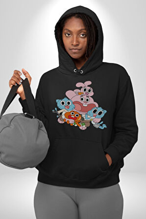 Gumbal Watteron Ailesi Kadın Erkek  Siyah Kapüşonlu Sweatshirt Hoodie