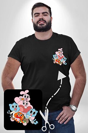 Gumbal Watteron Ailesi Siyah Büyük Beden Kadın Basic Minimal Baskılı Tişört