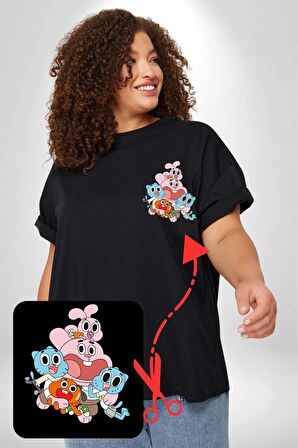Gumbal Watteron Ailesi Siyah Büyük Beden Kadın Basic Minimal Baskılı Tişört