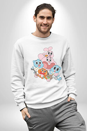 Gumbal Watteron Ailesi Kadın Erkek  Beyaz Baskılı Sweatshirt 