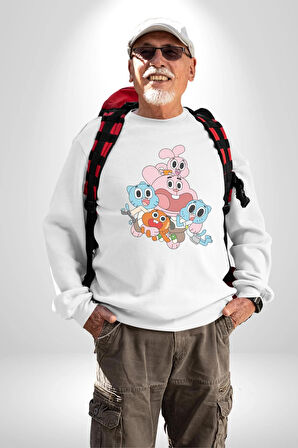 Gumbal Watteron Ailesi Kadın Erkek  Beyaz Baskılı Sweatshirt 