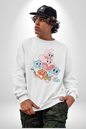 Gumbal Watteron Ailesi Kadın Erkek  Beyaz Baskılı Sweatshirt 