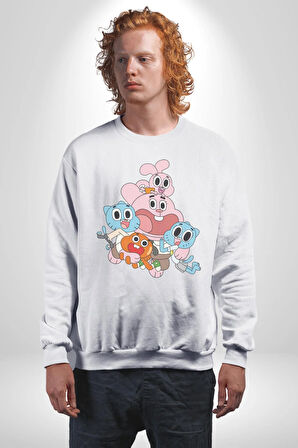 Gumbal Watteron Ailesi Kadın Erkek  Beyaz Baskılı Sweatshirt 