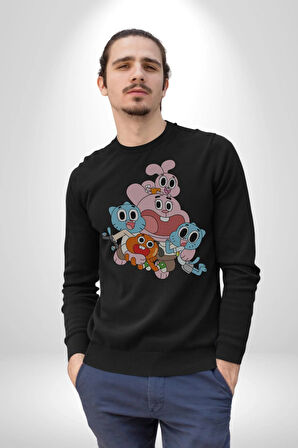 Gumbal Watteron Ailesi Kadın Erkek  Siyah Baskılı Sweatshirt 