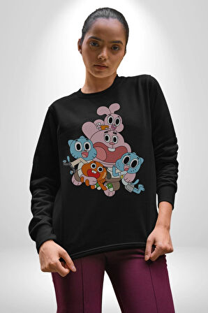 Gumbal Watteron Ailesi Kadın Erkek  Siyah Baskılı Sweatshirt 