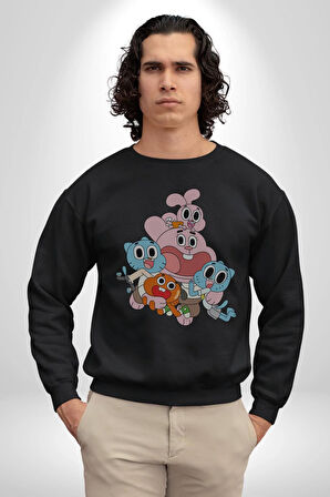 Gumbal Watteron Ailesi Kadın Erkek  Siyah Baskılı Sweatshirt 
