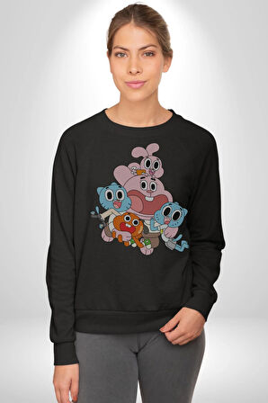 Gumbal Watteron Ailesi Kadın Erkek  Siyah Baskılı Sweatshirt 