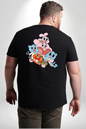 Gumbal Watteron Ailesi Büyük Beden Siyah Tişört Kadın Erkek Ünisex Sırt Baskılı