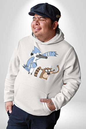 Mordecai ve Rigby  Kadın Erkek  Beyaz Kapüşonlu Sweatshirt Hoodie