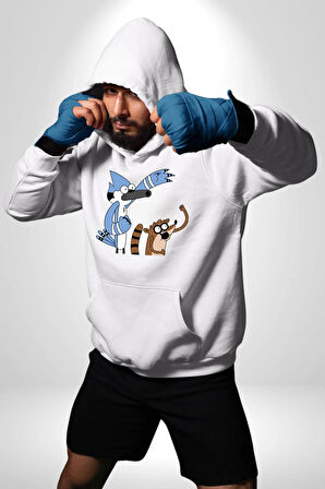 Mordecai ve Rigby  Kadın Erkek  Beyaz Kapüşonlu Sweatshirt Hoodie