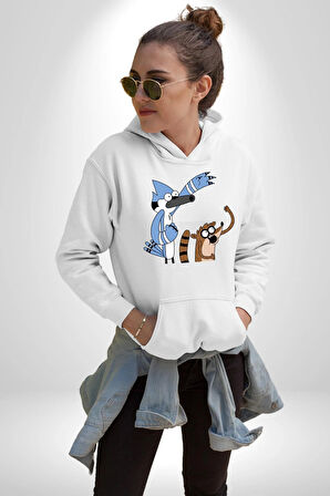Mordecai ve Rigby  Kadın Erkek  Beyaz Kapüşonlu Sweatshirt Hoodie