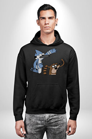 Mordecai ve Rigby  Kadın Erkek  Siyah Kapüşonlu Sweatshirt Hoodie