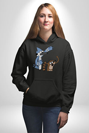 Mordecai ve Rigby  Kadın Erkek  Siyah Kapüşonlu Sweatshirt Hoodie