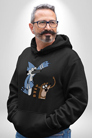 Mordecai ve Rigby  Kadın Erkek  Siyah Kapüşonlu Sweatshirt Hoodie