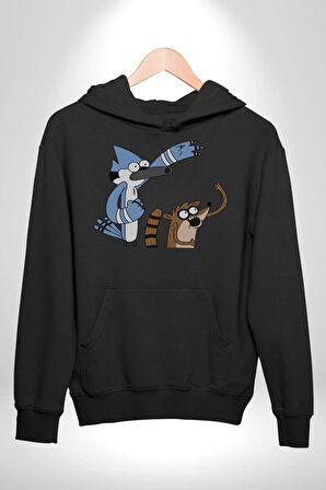 Mordecai ve Rigby  Kadın Erkek  Siyah Kapüşonlu Sweatshirt Hoodie