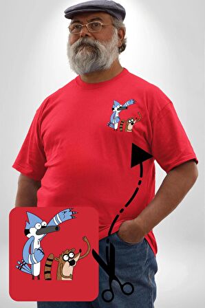 Mordecai ve Rigby  Kırmızı Büyük Beden Kadın Basic Minimal Baskılı Tişört