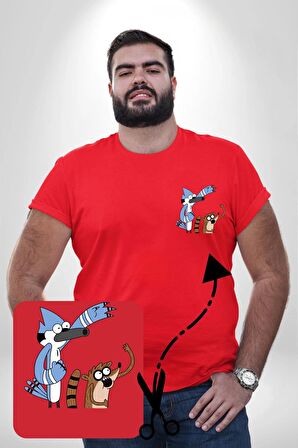 Mordecai ve Rigby  Kırmızı Büyük Beden Kadın Basic Minimal Baskılı Tişört