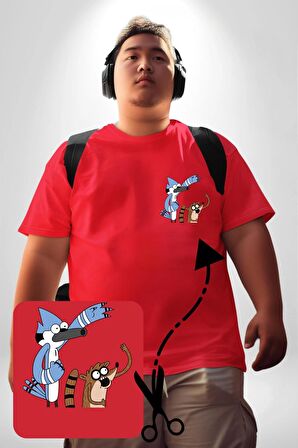 Mordecai ve Rigby  Kırmızı Büyük Beden Kadın Basic Minimal Baskılı Tişört