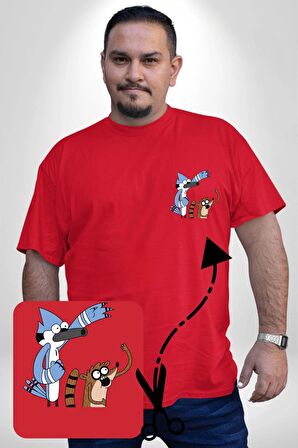 Mordecai ve Rigby  Kırmızı Büyük Beden Kadın Basic Minimal Baskılı Tişört