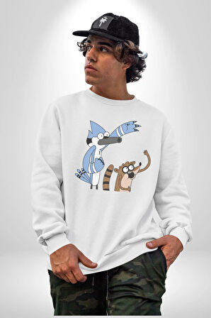 Mordecai ve Rigby  Kadın Erkek  Beyaz Baskılı Sweatshirt 