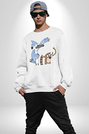Mordecai ve Rigby  Kadın Erkek  Beyaz Baskılı Sweatshirt 