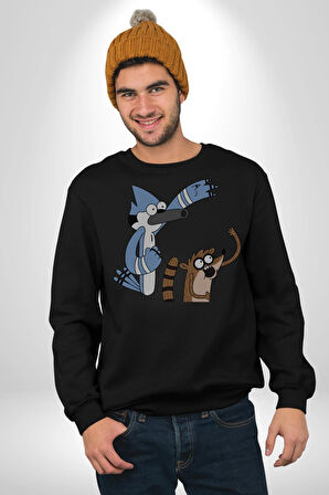 Mordecai ve Rigby  Kadın Erkek  Siyah Baskılı Sweatshirt 