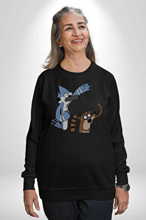 Mordecai ve Rigby  Kadın Erkek  Siyah Baskılı Sweatshirt 