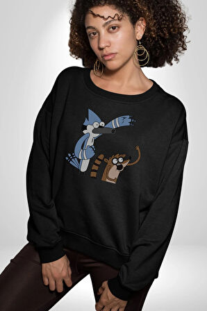 Mordecai ve Rigby  Kadın Erkek  Siyah Baskılı Sweatshirt 