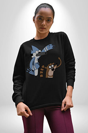 Mordecai ve Rigby  Kadın Erkek  Siyah Baskılı Sweatshirt 