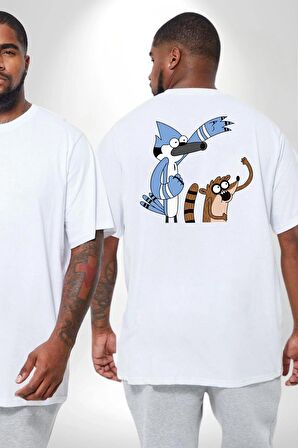 Mordecai ve Rigby  Büyük Beden Beyaz Tişört Kadın Erkek Ünisex Sırt Baskılı