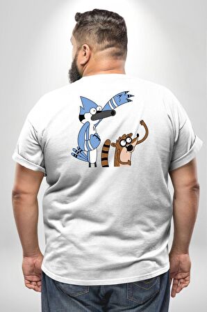 Mordecai ve Rigby  Büyük Beden Beyaz Tişört Kadın Erkek Ünisex Sırt Baskılı