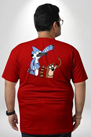 Mordecai ve Rigby  Büyük Beden Kırmızı Tişört Kadın Erkek Ünisex Sırt Baskılı