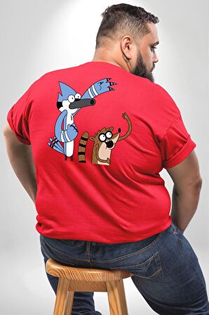 Mordecai ve Rigby  Büyük Beden Kırmızı Tişört Kadın Erkek Ünisex Sırt Baskılı