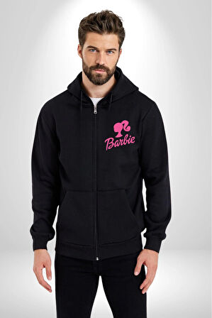 Barbie  Kadın Erkek Siyah Renk Kapüşonlu Kanguru Cepli  Fermuarlı Pamuklu Oversize Dijital Baskılı Hırka Sweatshirt