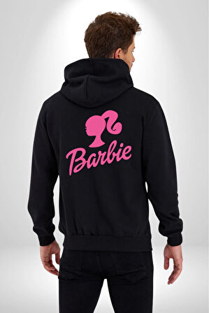 Barbie  Kadın Erkek Siyah Renk Kapüşonlu Kanguru Cepli  Fermuarlı Pamuklu Oversize Dijital Baskılı Hırka Sweatshirt