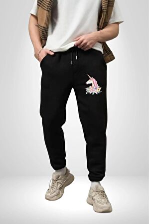 Unicorn Çiçek  Pamuklu 3 İplik Siyah Eşofman Altı Erkek Oversize Kesim Dijital Baskılı