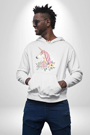 Unicorn Çiçek  Kadın Erkek  Beyaz Kapüşonlu Sweatshirt Hoodie