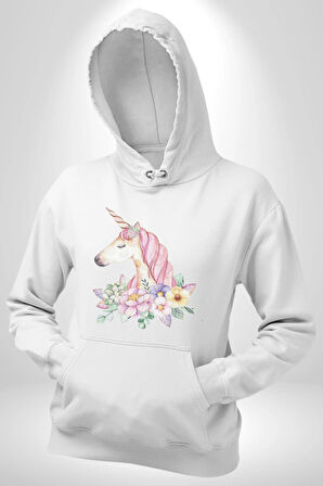 Unicorn Çiçek  Kadın Erkek  Beyaz Kapüşonlu Sweatshirt Hoodie