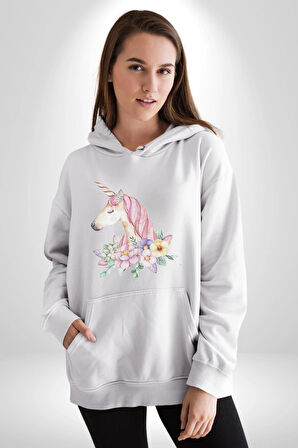 Unicorn Çiçek  Kadın Erkek  Beyaz Kapüşonlu Sweatshirt Hoodie