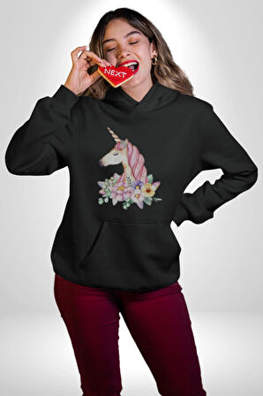 Unicorn Çiçek  Kadın Erkek  Siyah Kapüşonlu Sweatshirt Hoodie