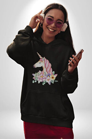 Unicorn Çiçek  Kadın Erkek  Siyah Kapüşonlu Sweatshirt Hoodie