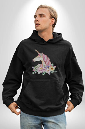 Unicorn Çiçek  Kadın Erkek  Siyah Kapüşonlu Sweatshirt Hoodie