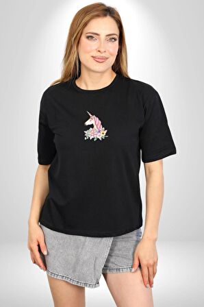 Unicorn Çiçek  Siyah Oversize Kadın Erkek Ön Orta Minimal Baskılı Tişört