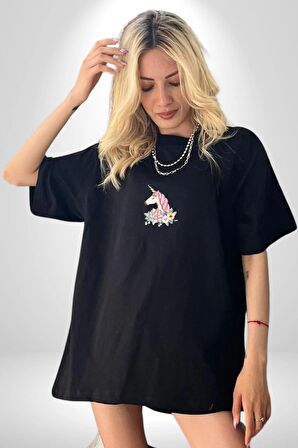 Unicorn Çiçek  Siyah Oversize Kadın Erkek Ön Orta Minimal Baskılı Tişört