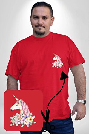Unicorn Çiçek  Kırmızı Büyük Beden Kadın Basic Minimal Baskılı Tişört