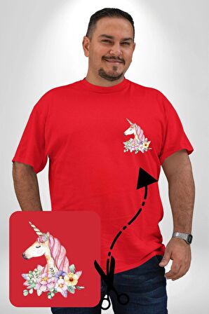 Unicorn Çiçek  Kırmızı Büyük Beden Kadın Basic Minimal Baskılı Tişört