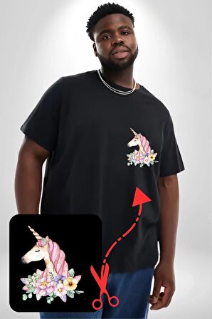 Unicorn Çiçek  Siyah Büyük Beden Kadın Basic Minimal Baskılı Tişört