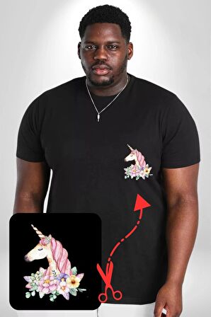 Unicorn Çiçek  Siyah Büyük Beden Kadın Basic Minimal Baskılı Tişört